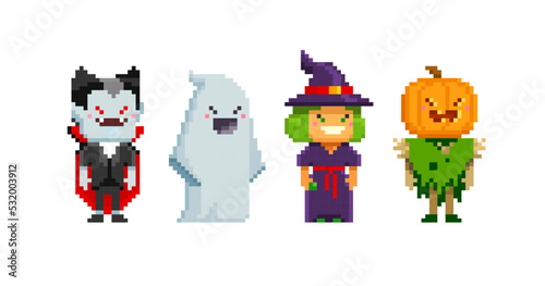 Pixel Art set of  Ghost, Mummy, Witch, Scarecrow or bogeyman, Dracula vampire in 8-bit retro computer game style. Cute pixel characters for Happy Halloween design. Editable vector illustration