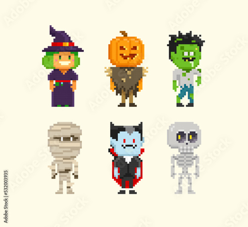Pixel Art set of  Ghost  Mummy  Witch  Scarecrow or bogeyman  Dracula vampire in 8-bit retro computer game style. Cute pixel characters for Happy Halloween design. Editable cartoon vector illustration
