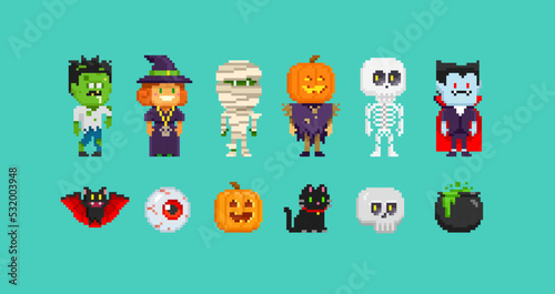 Pixel Art Halloween characters gesign. Mummy, Funny Witch, Zombie, Scarecrow, Skeleton, Dracula vampire in 8-bit retro computer game style. Happy Halloween editable vector collection