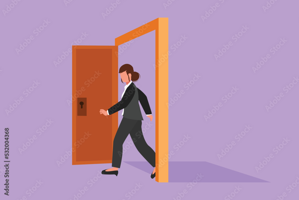 Cartoon flat style drawing businesswoman walking through an open door frame. New business ventures challenge. Entering new market competition. Career growth concept. Graphic design vector illustration Cartoon flat style drawing businesswoman walking through an open door frame. New business ventures challenge. Entering new market competition. Career growth concept. Graphic design vector illustration