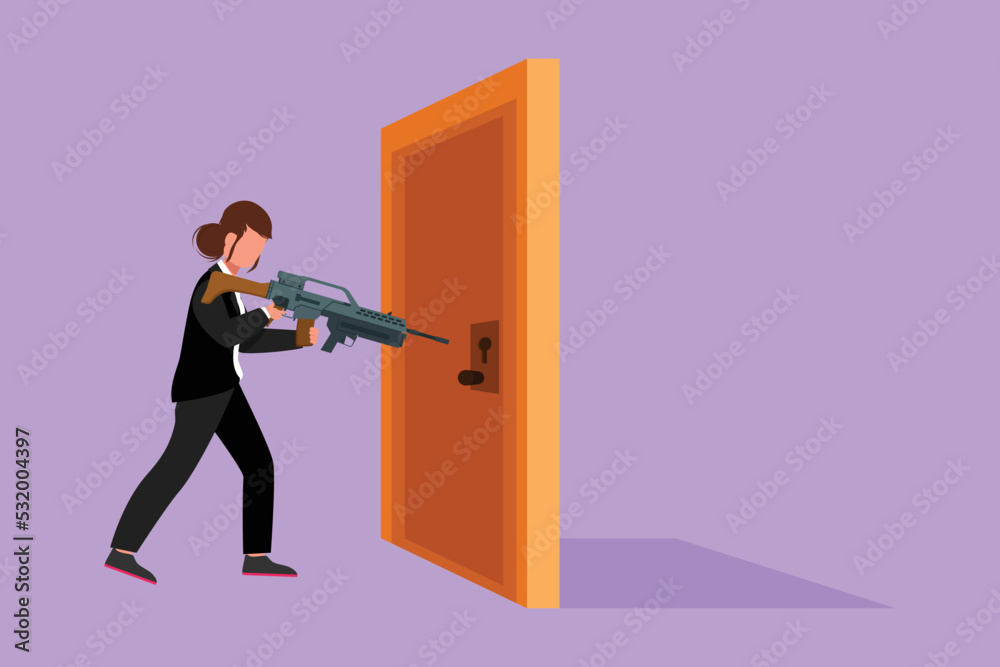 Cartoon flat style drawing businesswoman pointing shotgun at doorknob. Business breakthrough struggle. The power to succeed or winning competition. Open closed door. Graphic design vector illustration Cartoon flat style drawing businesswoman pointing shotgun at doorknob. Business breakthrough struggle. The power to succeed or winning competition. Open closed door. Graphic design vector illustration