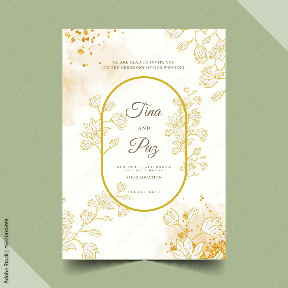 engraving hand drawn golden wedding invitation template vector design illustration