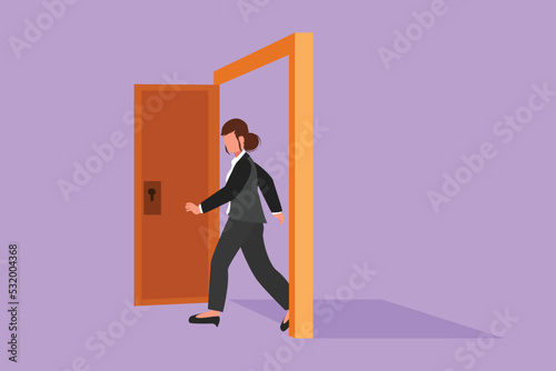Cartoon flat style drawing businesswoman walking through an open door frame. New business ventures challenge. Entering new market competition. Career growth concept. Graphic design vector illustration