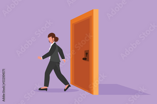 Graphic flat design drawing businesswoman walking and leaving closed door. New business ventures. Entrepreneur entering new market. Career growth or vision metaphor. Cartoon style vector illustration