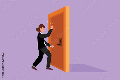Cartoon flat style drawing businesswoman knocking at door. Manager standing at entrance of meeting room knocking door. Female in formal blazer is knocking at door. Graphic design vector illustration