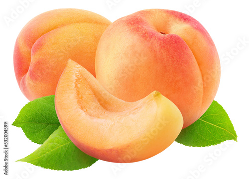 Photo Two whole apricot fruits and a slice, cut out