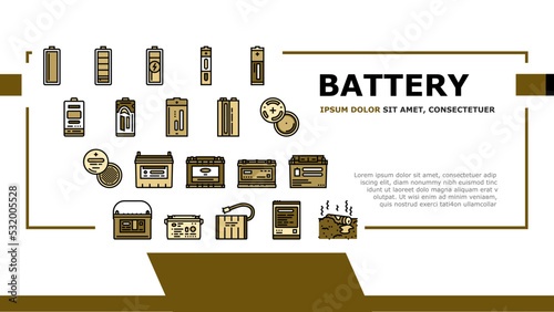 battery power energy electric car landing web page vector. technology industry, electricity lithium, charger, cell charge, equipment, low level battery power energy electric car Illustration