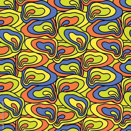 Psychedelic Groovy pattern with colorful abstract spots, streaks, blots in a trippy style.