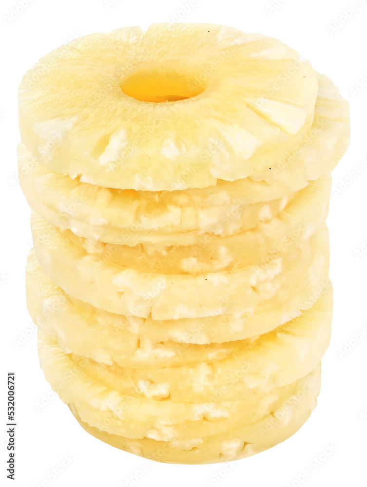 Peeled pineapple rings in a stack, cut out Peeled pineapple rings in a stack, cut out