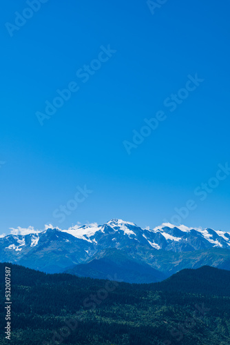 snow capped mountain range in Mestia, Svaneti region in Georgia. Landscape of mountain with snow in Caucasus