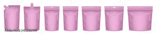 Set of realistic doy pack mockups. Pink flow pack, sachet, zip bag and doypack