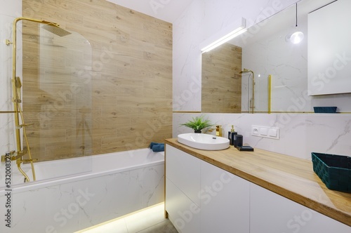 Przestronna nowoczesna łazienka w stylowym partamencie