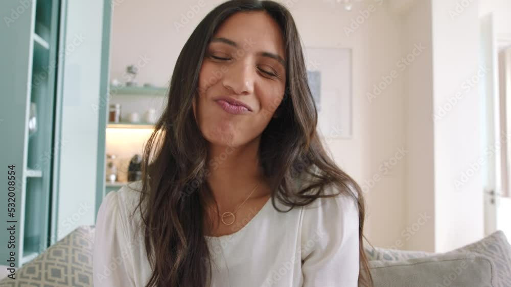Woman, video call and sign language with happy girl face communication from her living room, smile and relax. Disability, conversation and deaf female portrait excited while talking to online friends Woman, video call and sign language with happy girl face communication from her living room, smile and relax. Disability, conversation and deaf female portrait excited while talking to online friends