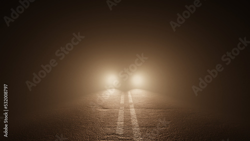 Ominous car parked in middle of road at night shining blinding headlights