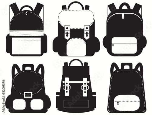 Backpack, school bag icon set. Vector graphic illustration.