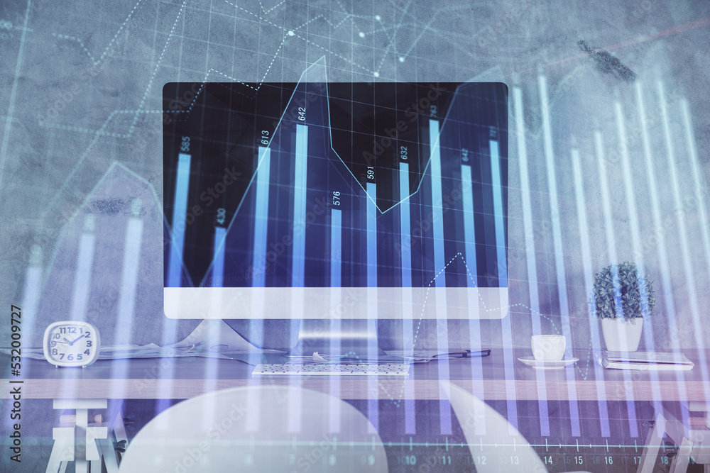 Multi exposure of financial graph drawing and office interior background. Concept of market analysis. Multi exposure of financial graph drawing and office interior background. Concept of market analysis.