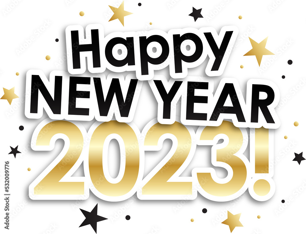 Black and metallic gold HAPPY NEW YEAR 2023! icon with stars on transparent background