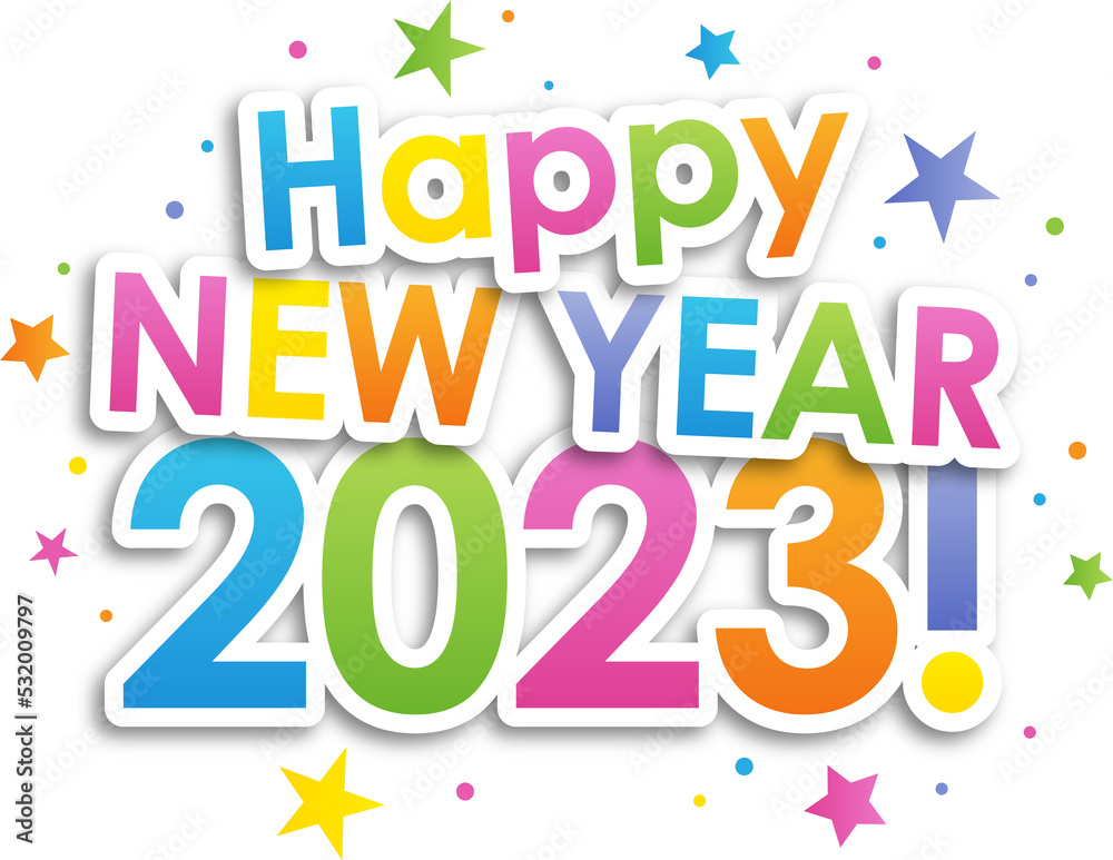 Colorful HAPPY NEW YEAR 2023! icon with stars on transparent background Colorful HAPPY NEW YEAR 2023! icon with stars on transparent background