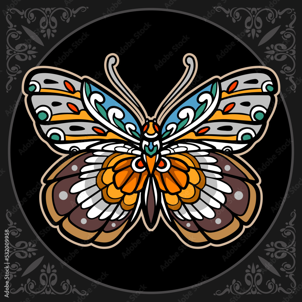 Colorful Beautiful butterfly mandala arts. isolated on black background