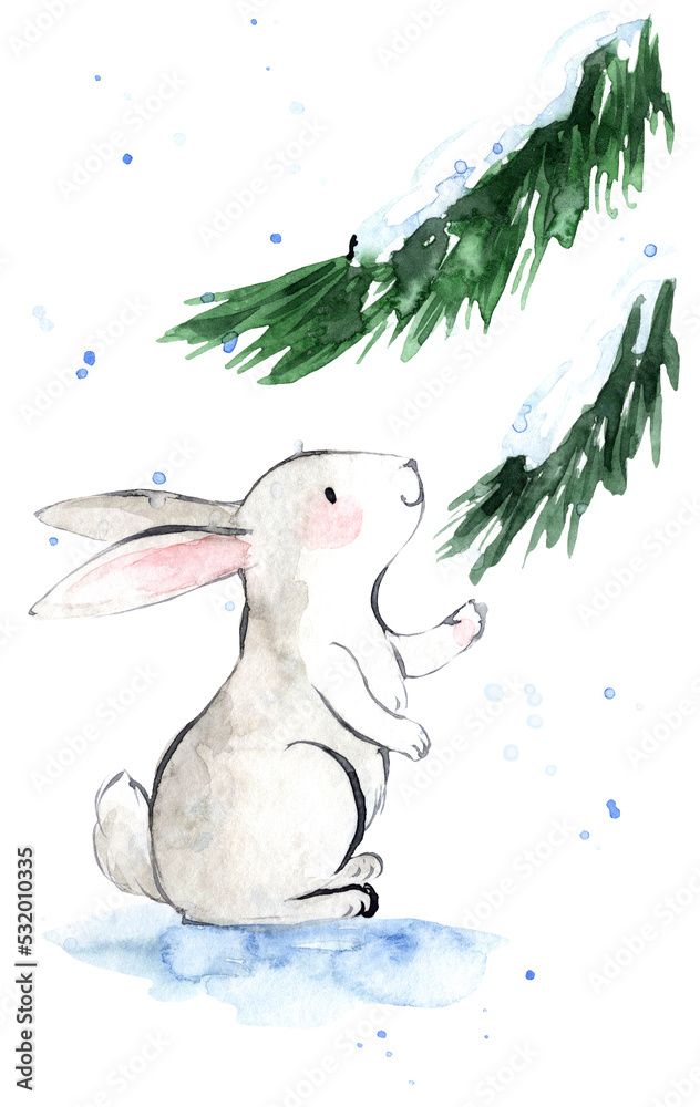 Obraz premium Watercolor illustration with a hare sitting under a fir tree under snowfall.