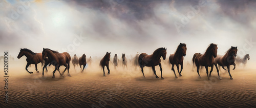 Artistic concept painting of horses, background 3d illustration.