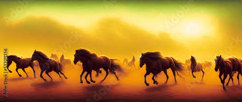 Artistic concept painting of horses, background 3d illustration.