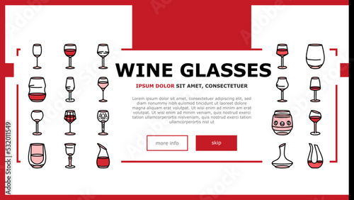 wine glass red drink alcohol landing web page vector. cup bar, merlot party, cabernet bottle, champagne liquid, restaurant, goblet wine glass red drink alcohol Illustration