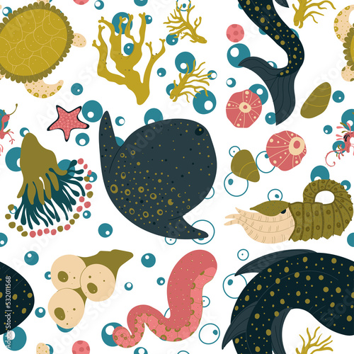 Marine seamless pattern with underwater animals, plants, ocean fish