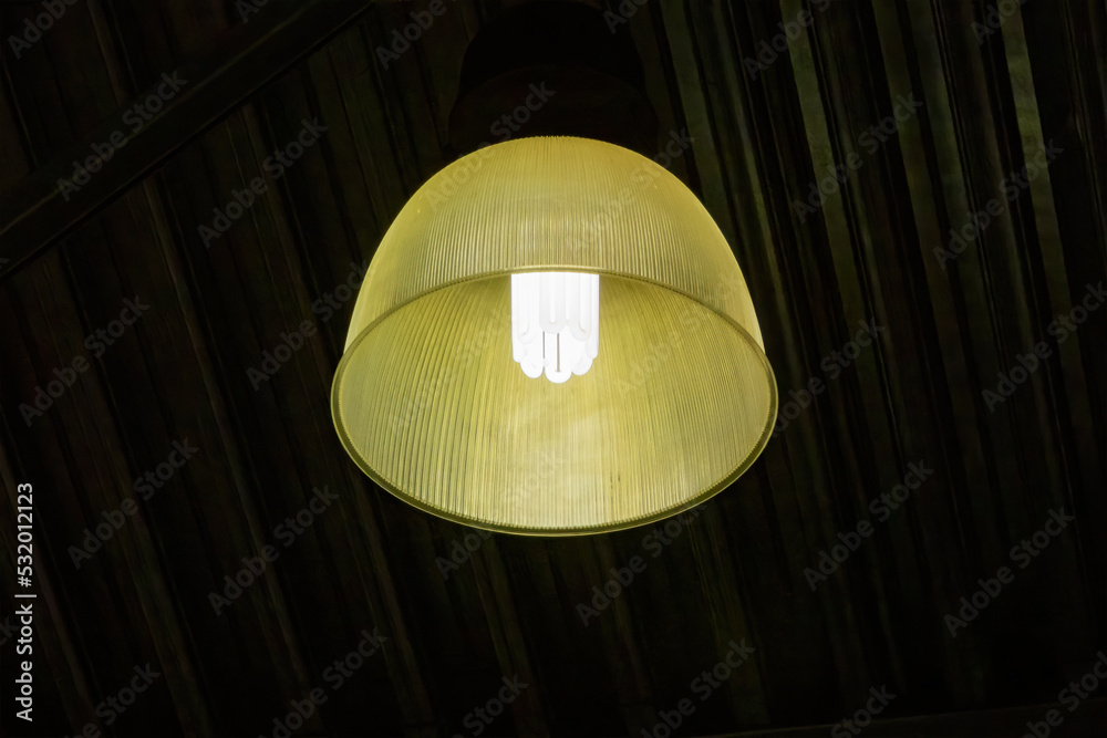 Lampshade with energy saving lamp on a dark metal ceiling