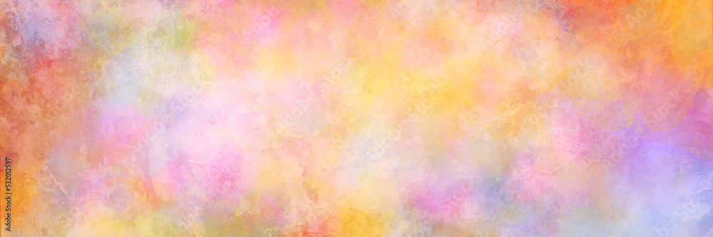 Colorful watercolor background of abstract sunset sky with puffy clouds in pastel rainbow colors of pink yellow orange blue and purple with overlay of distressed vintage grunge background pattern