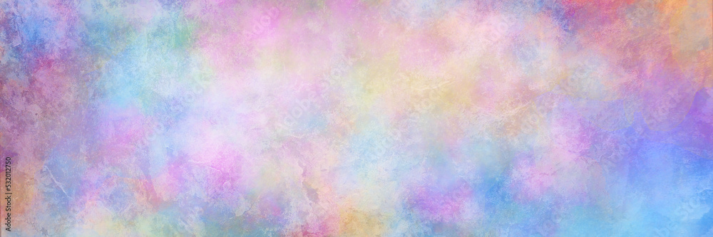 Colorful watercolor background of abstract sunset sky with puffy clouds in pastel rainbow colors of blue pink yellow orange and purple with overlay of distressed vintage grunge background pattern