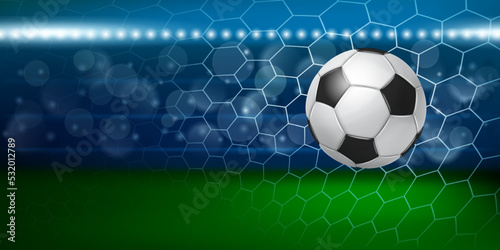 Illustration with a realistic soccer ball flying into the net of a football goal against the backdrop of the stadium stands