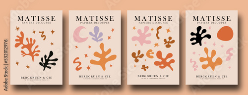 Contemporary organic shapes posters. Abstract collage set Matisse inspired with scribbles curves. geometric minimalist algae silhouette composition.