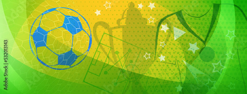 Abstract background on a football theme with big ball and other soccer symbols in national colors of Brazil