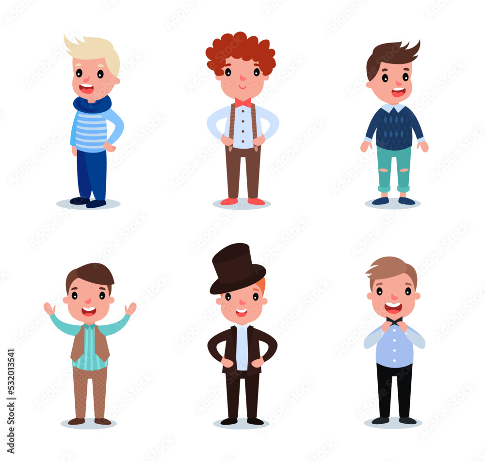 Little Boy Character Dressed in Fashion Garment and Apparel Vector Set