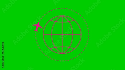 Animated pink plane flies along a trajectory. Planet Earth with plane around. Concept of airplane travel. Trip around the world. Looped video. Linear symbol. Flat illustration isolated on a green back photo