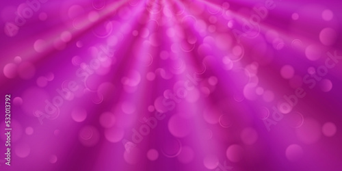 Abstract background in purple colors with diverging rays of light and small translucent circles with bokeh effect