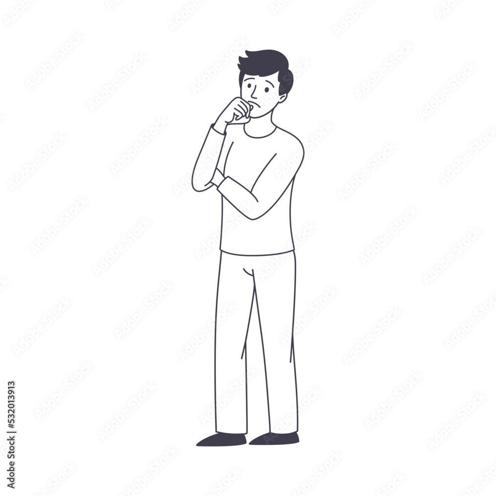 Pensive Man Business Character Standing and Thinking with Puzzled Face Vector Illustration