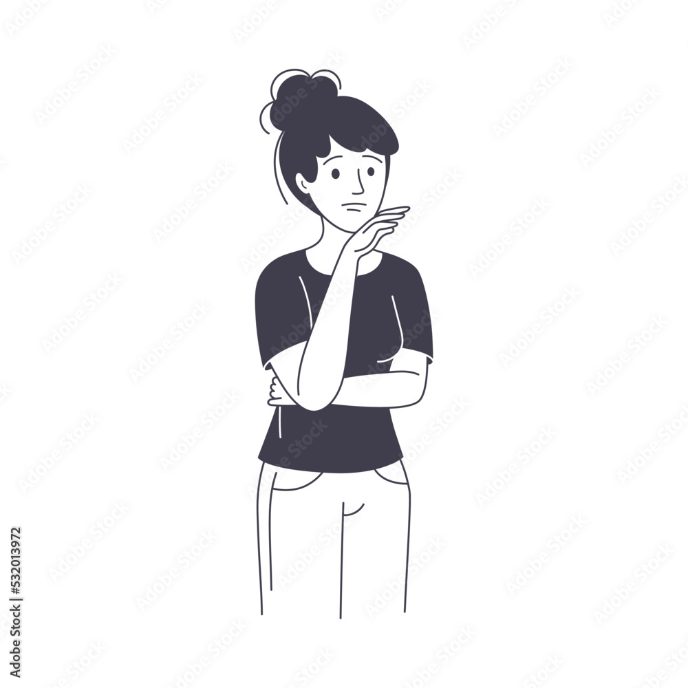 Pensive Woman Business Character Standing and Thinking with Puzzled Face Vector Illustration Pensive Woman Business Character Standing and Thinking with Puzzled Face Vector Illustration