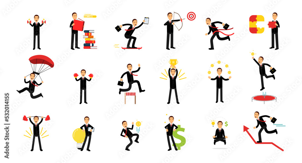 Successful Businessman Character in Black Suit Engaged in Different Activity Vector Big Set Successful Businessman Character in Black Suit Engaged in Different Activity Vector Big Set
