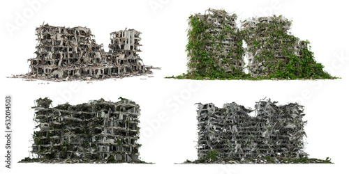 set of ruined buildings, overgrown post-apocalyptic buildings isolated on white background