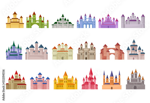 Medieval Castle with Stone Wall and Tall Towers Big Vector Set