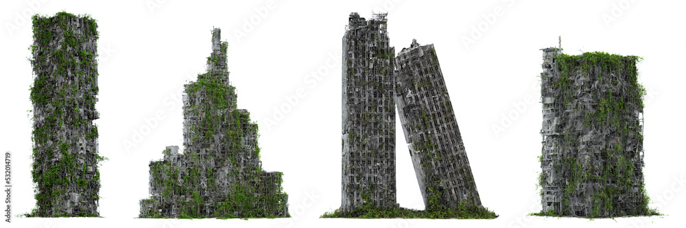 set of ruined overgrown skyscrapers, tall post-apocalyptic buildings isolated on white background