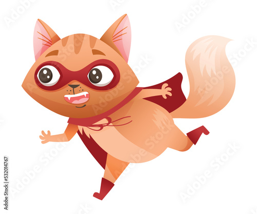 Ginger Cat Superhero Character Wearing Red Cloak and Mask Rushing to Rescue Vector Illustration