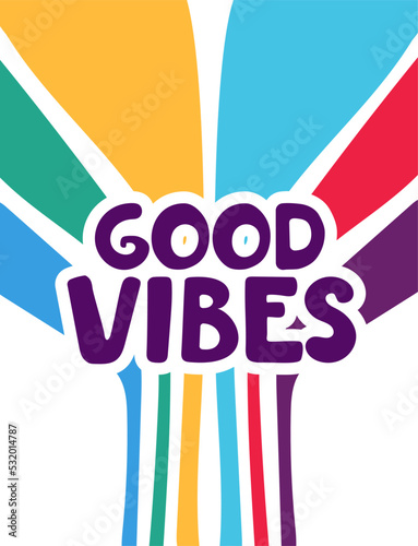 Lettering with a rainbow pattern in the retro style of the 70s. Good vibes multicolored inscription. Vector illustration