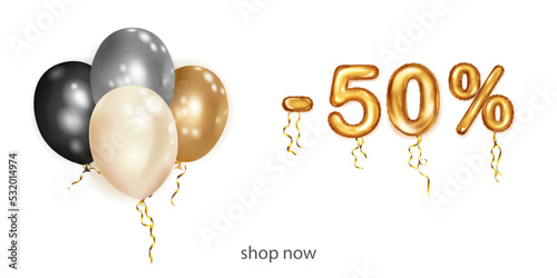 Discount creative illustration with white, black and gold helium flying balloons and golden foil numbers. 50 percent off. Sale poster with special offer on white background