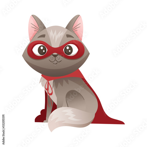 Grey Cat Superhero Character Wearing Red Cloak and Mask Sitting Vector Illustration