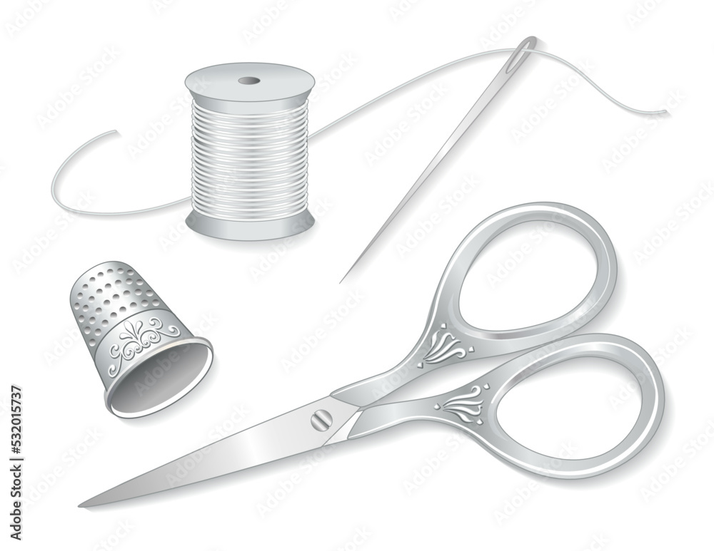 Sewing Set Vintage Silver Engraved Scissors Antique Thimble