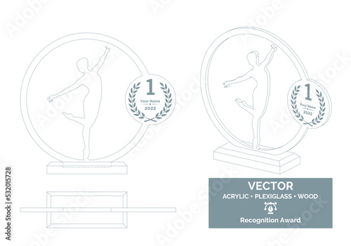 Ballet trophy vector template, Ballerina award trophy template, Ballet championship recognition award.