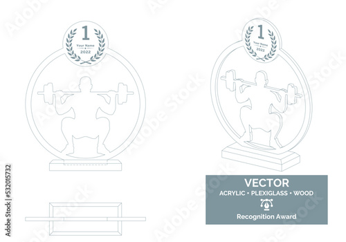 Bodybuilding trophy vector template, Muscle contest trophy template, Bodybuilder championship recognition award